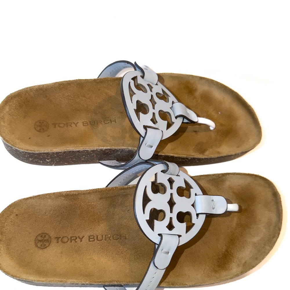 Tory Burch Miller Pale Blue Logo Thong Sandals Sz 8 Comfort Orthotic Cork Sole - Picture 5 of 10